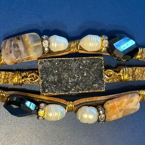 Suzy T Designs Black Drusy Quartz Pearl Stone Metallic Gold Leather Bracelet